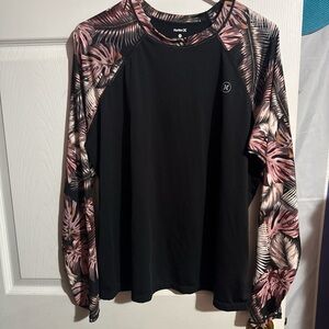 Hurley Black Rash Guard Top with Pink Tropical Print Sleeves